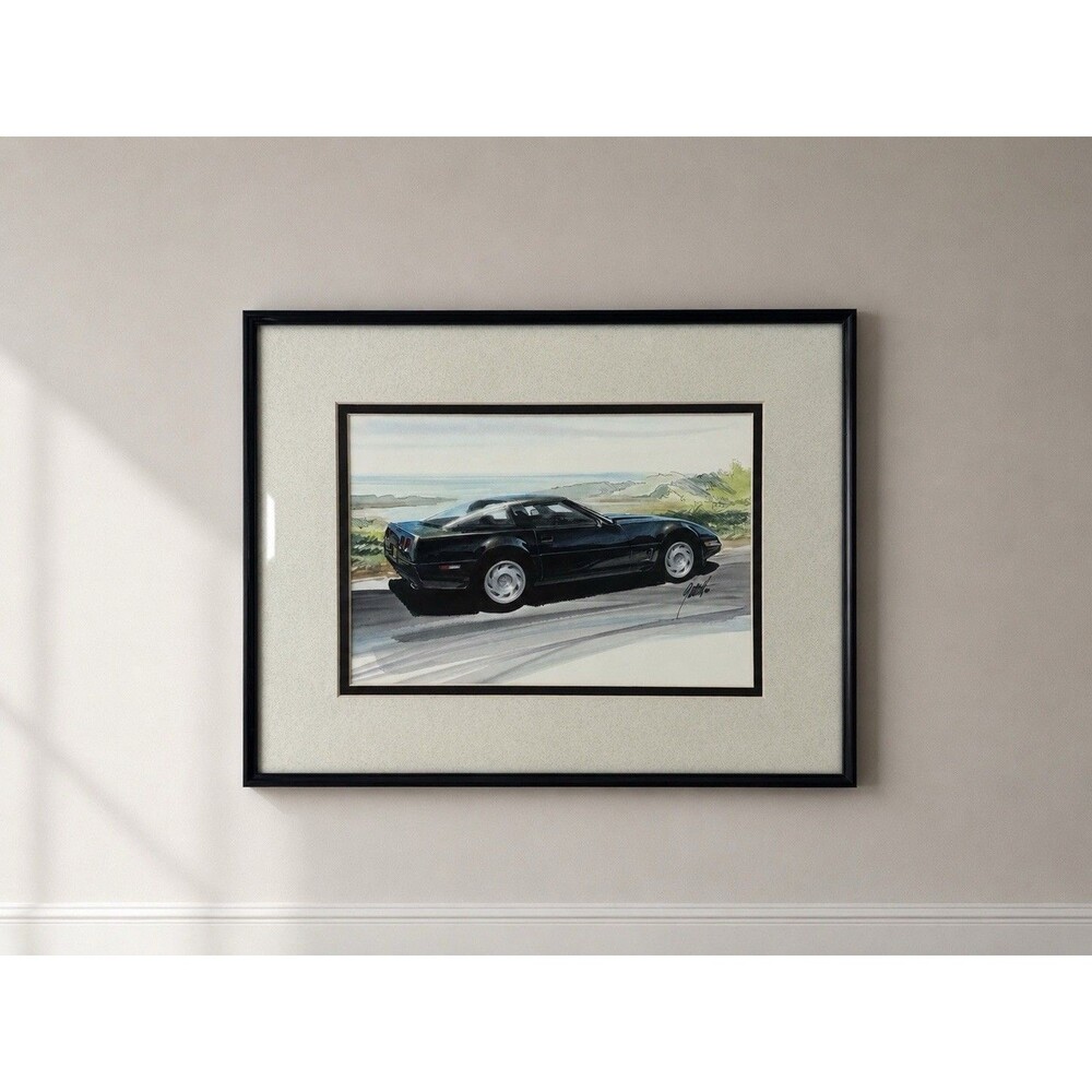 Vintage Corvette Automotive Art Watercolor by Ed Gullett Framed Signed Print